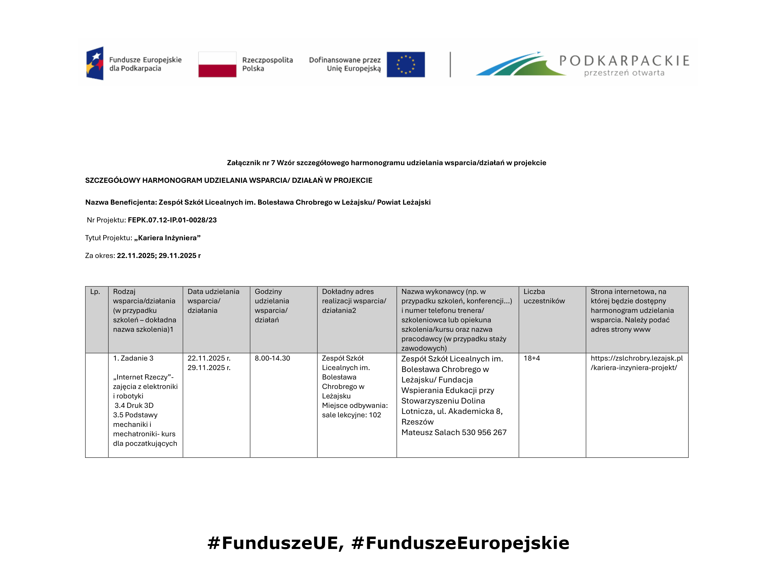 Harmonogram – Internet Rzeczy Podstawy mechaniki i mechatroniki